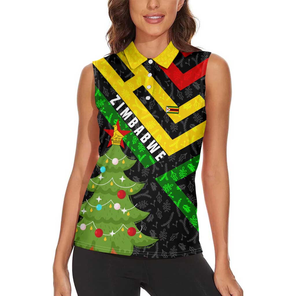 Zimbabwe Christmas Women Sleeveless Polo Shirt with Flag Colors Xmas Tree and Holiday - Wonder Print Shop