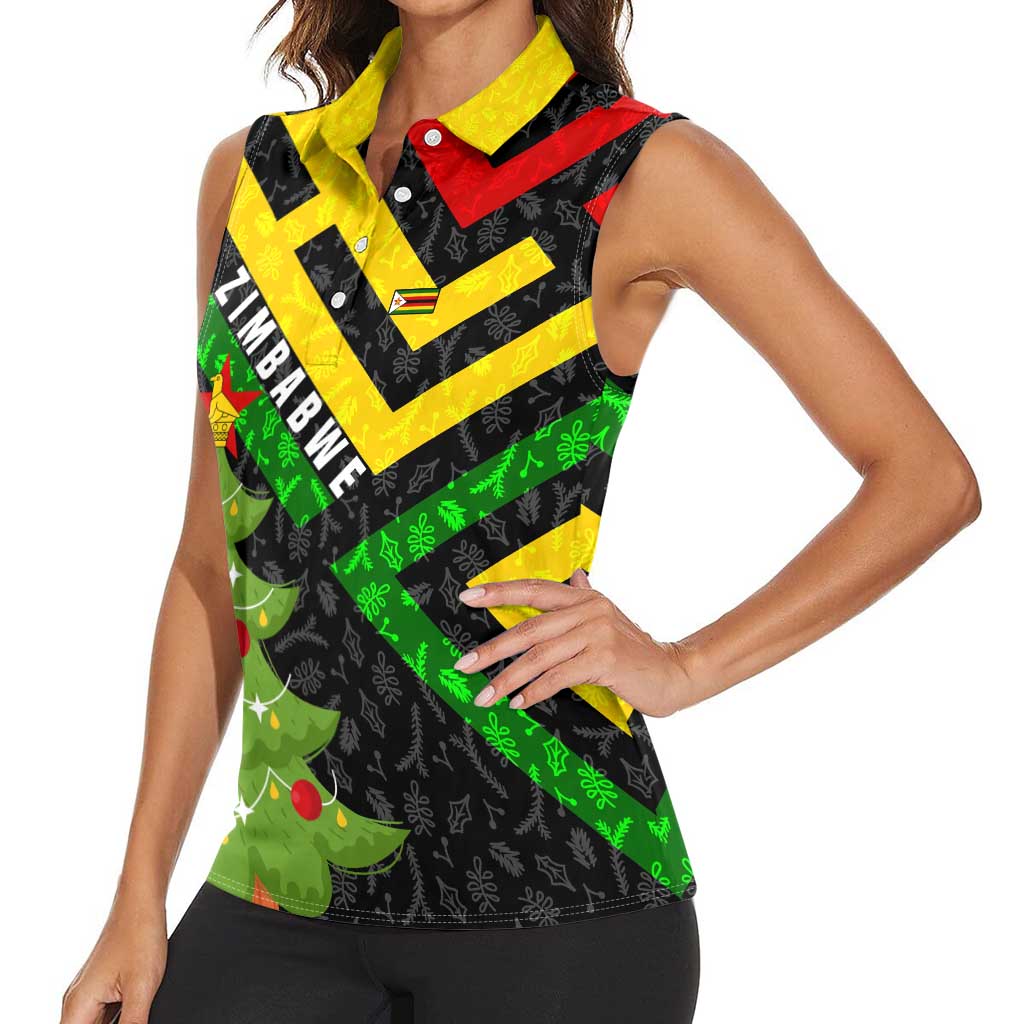 Zimbabwe Christmas Women Sleeveless Polo Shirt with Flag Colors Xmas Tree and Holiday - Wonder Print Shop