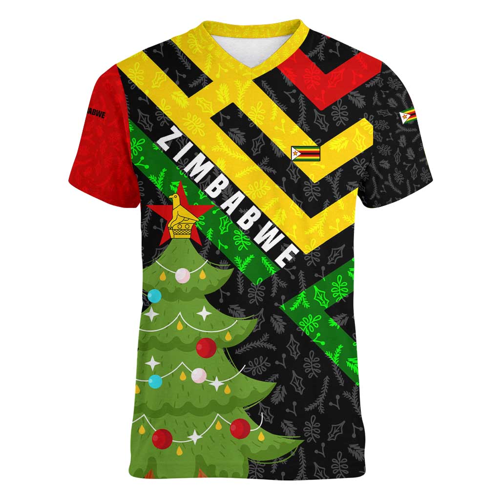 Zimbabwe Christmas Women V-Neck T-Shirt with Flag Colors Xmas Tree and Holiday - Wonder Print Shop