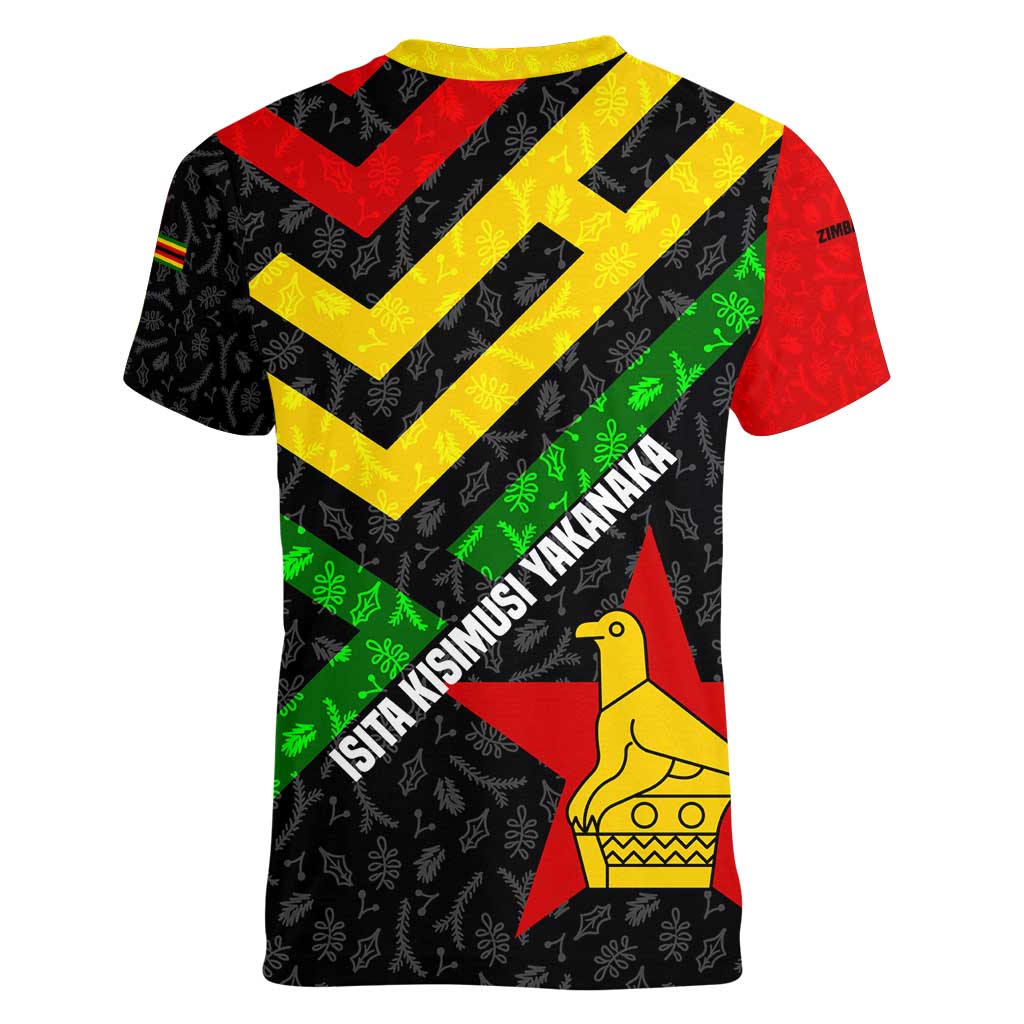 Zimbabwe Christmas Women V-Neck T-Shirt with Flag Colors Xmas Tree and Holiday - Wonder Print Shop