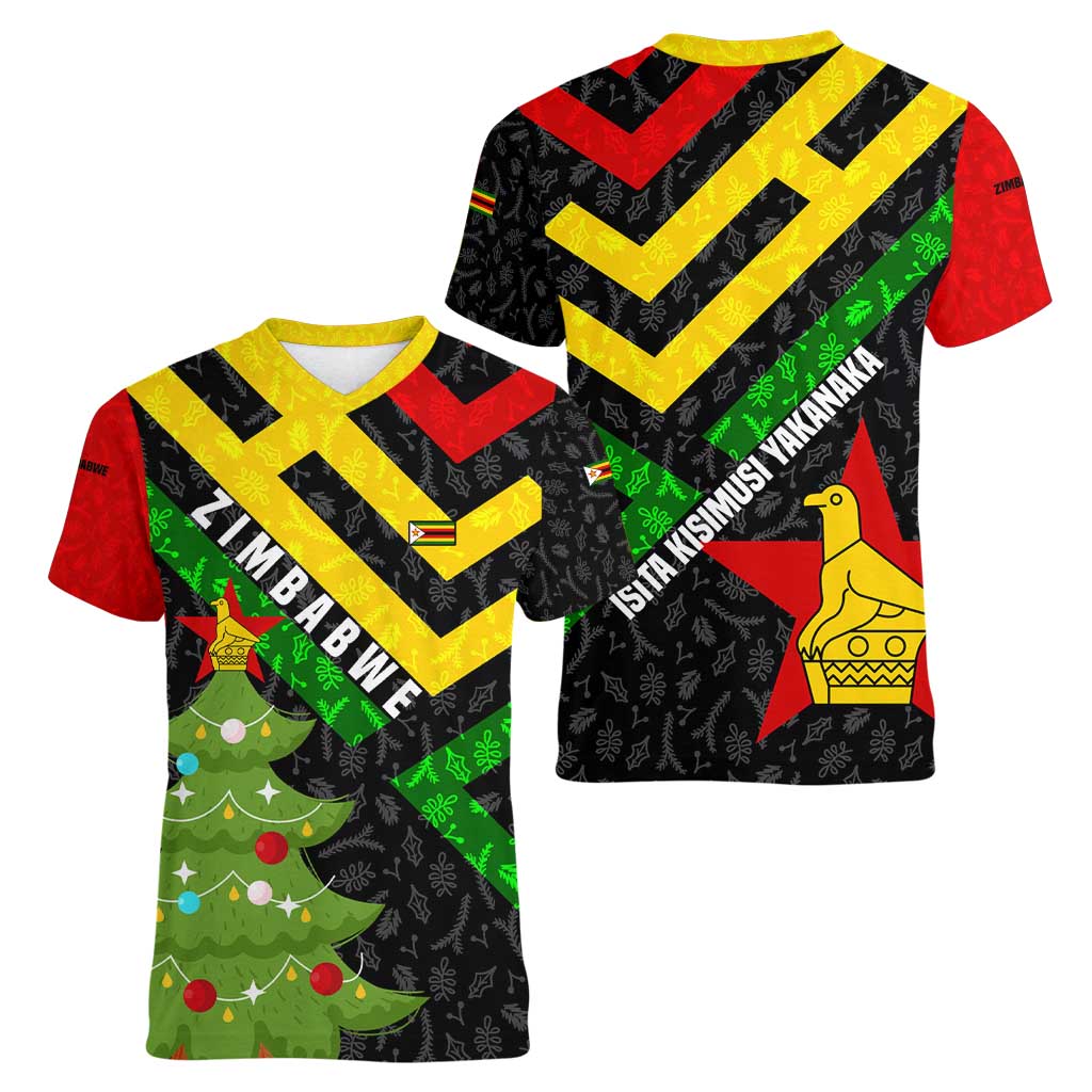 Zimbabwe Christmas Women V-Neck T-Shirt with Flag Colors Xmas Tree and Holiday - Wonder Print Shop