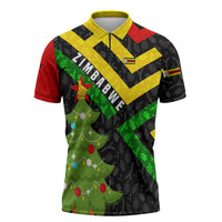 Zimbabwe Christmas Zipper Polo Shirt with Flag Colors Xmas Tree and Holiday - Wonder Print Shop