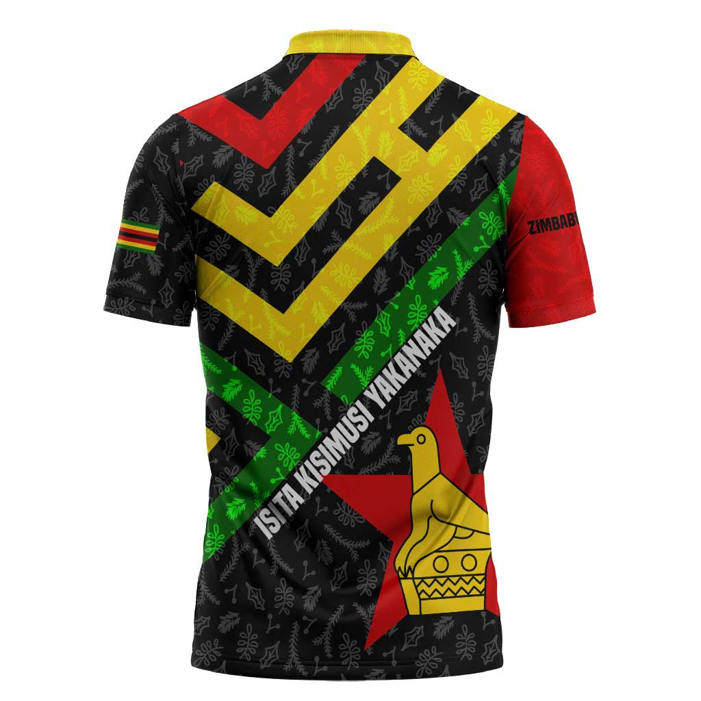 Zimbabwe Christmas Zipper Polo Shirt with Flag Colors Xmas Tree and Holiday - Wonder Print Shop