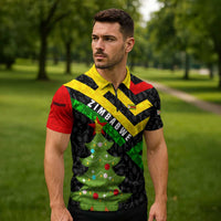 Zimbabwe Christmas Zipper Polo Shirt with Flag Colors Xmas Tree and Holiday - Wonder Print Shop