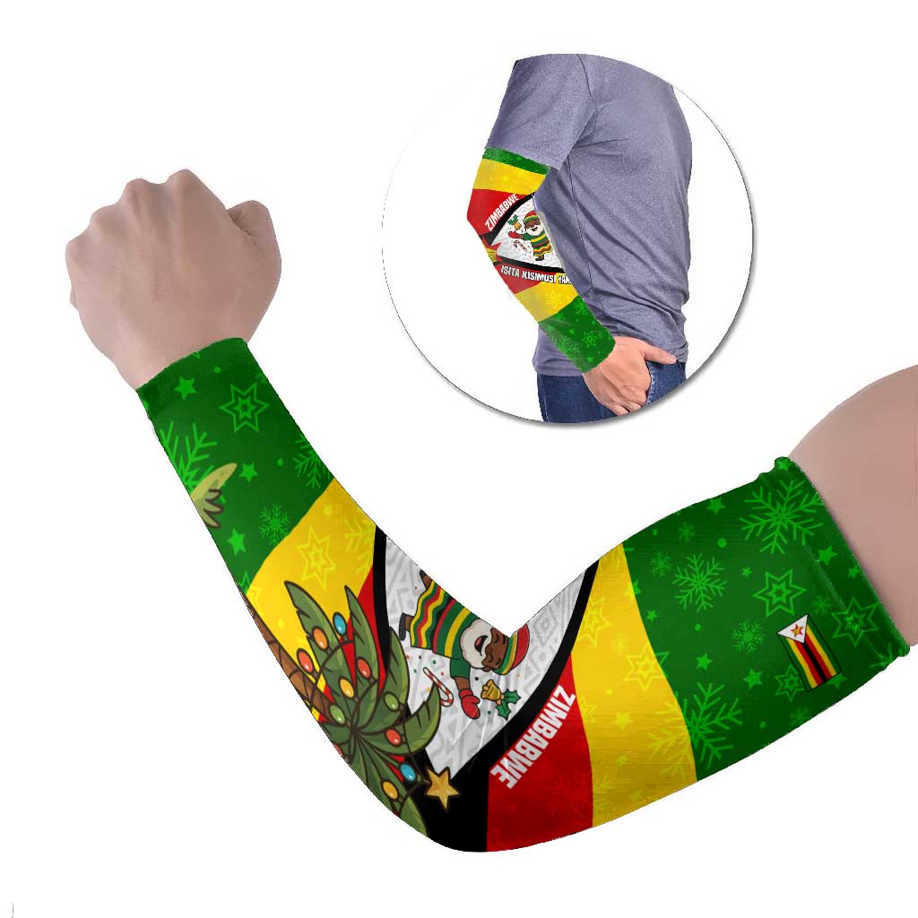 Zimbabwe Christmas Arm Sleeves with Festive Santa Palm Tree and Red Yellow Green Flag - Wonder Print Shop
