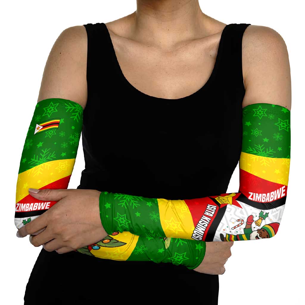 Zimbabwe Christmas Arm Sleeves with Festive Santa Palm Tree and Red Yellow Green Flag - Wonder Print Shop