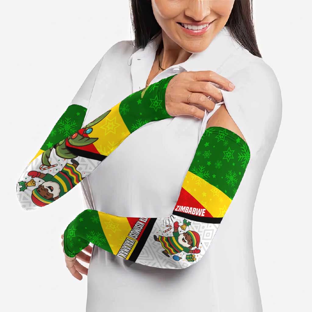 Zimbabwe Christmas Arm Sleeves with Festive Santa Palm Tree and Red Yellow Green Flag - Wonder Print Shop
