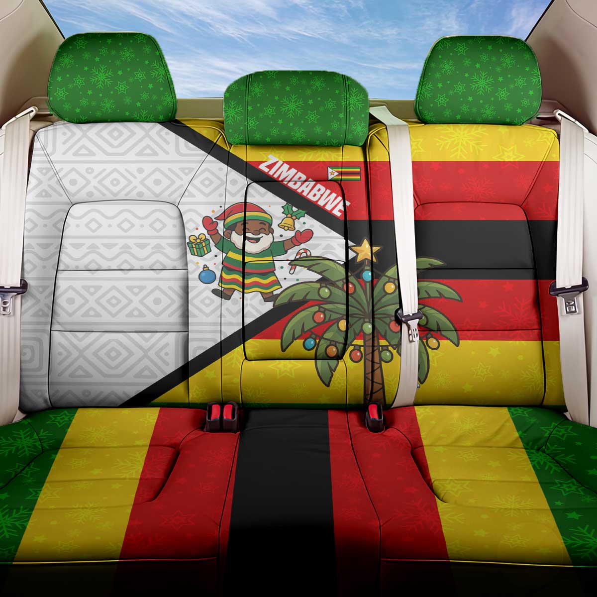 Zimbabwe Christmas Back Car Seat Cover with Festive Santa Palm Tree and Red Yellow Green Flag - Wonder Print Shop
