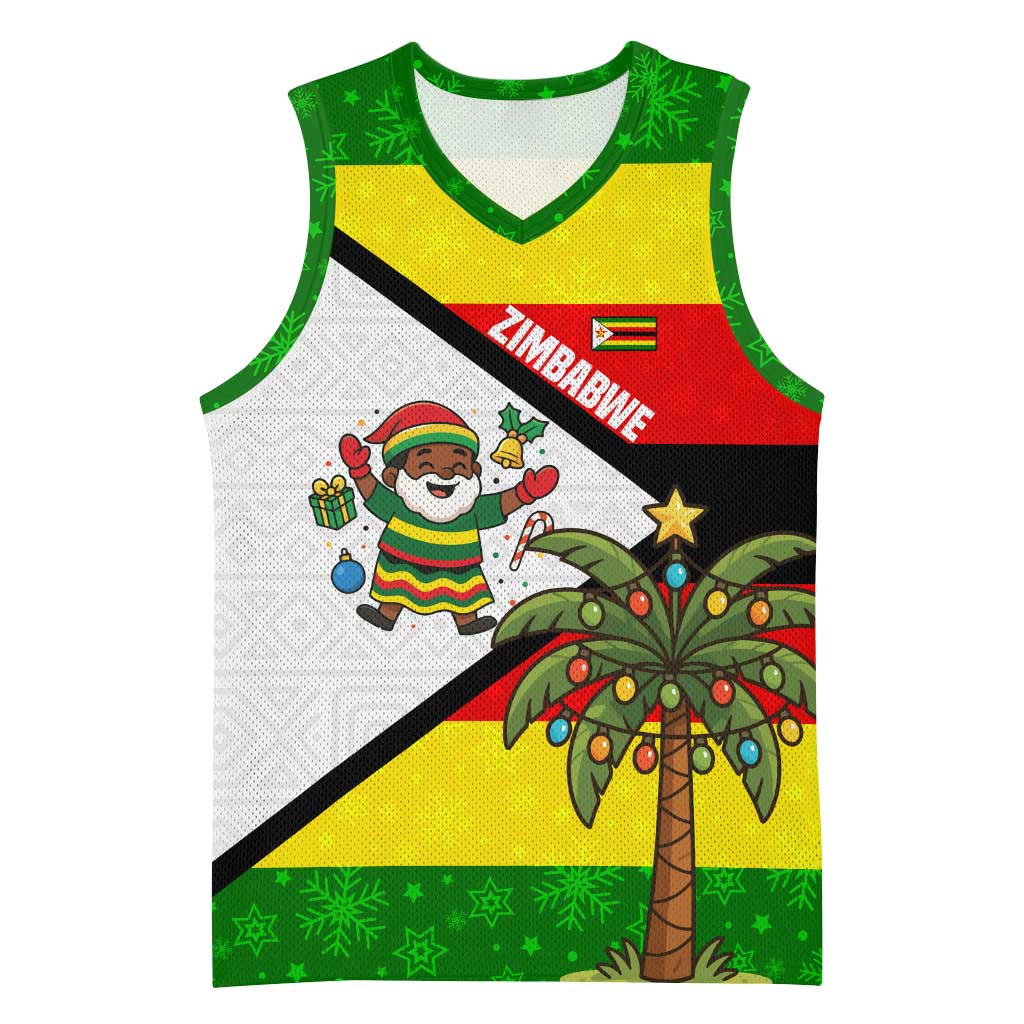 Zimbabwe Christmas Basketball Jersey with Festive Santa Palm Tree and Red Yellow Green Flag - Wonder Print Shop