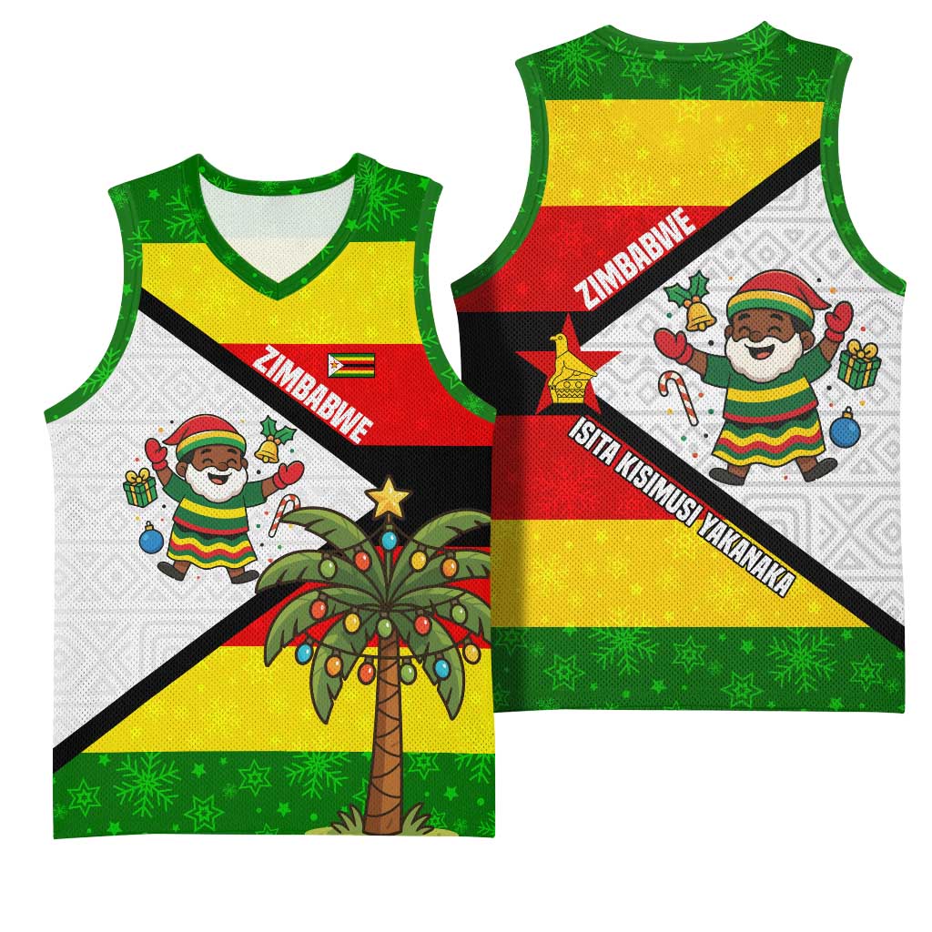 Zimbabwe Christmas Basketball Jersey with Festive Santa Palm Tree and Red Yellow Green Flag - Wonder Print Shop