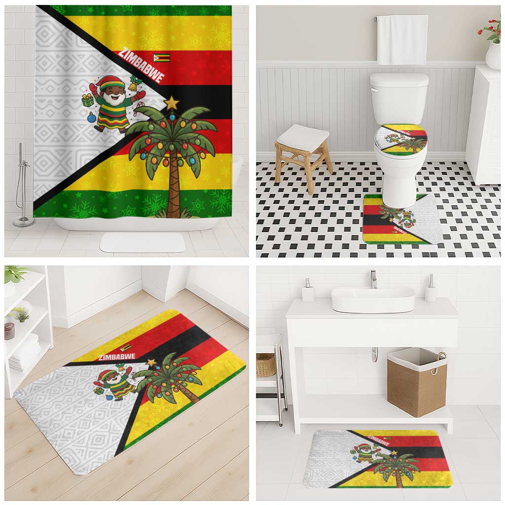 Zimbabwe Christmas Bathroom Set with Festive Santa Palm Tree and Red Yellow Green Flag - Wonder Print Shop