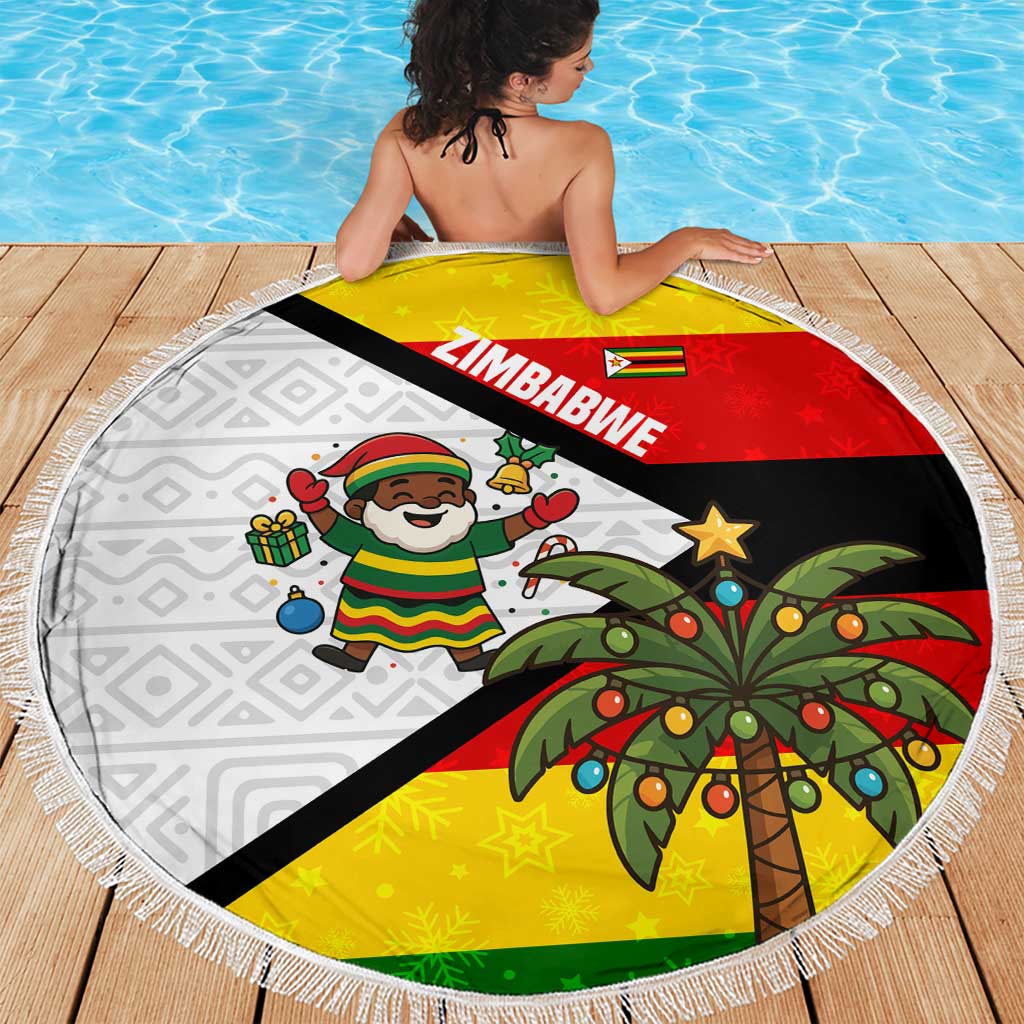 Zimbabwe Christmas Beach Blanket with Festive Santa Palm Tree and Red Yellow Green Flag - Wonder Print Shop