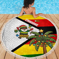 Zimbabwe Christmas Beach Blanket with Festive Santa Palm Tree and Red Yellow Green Flag - Wonder Print Shop