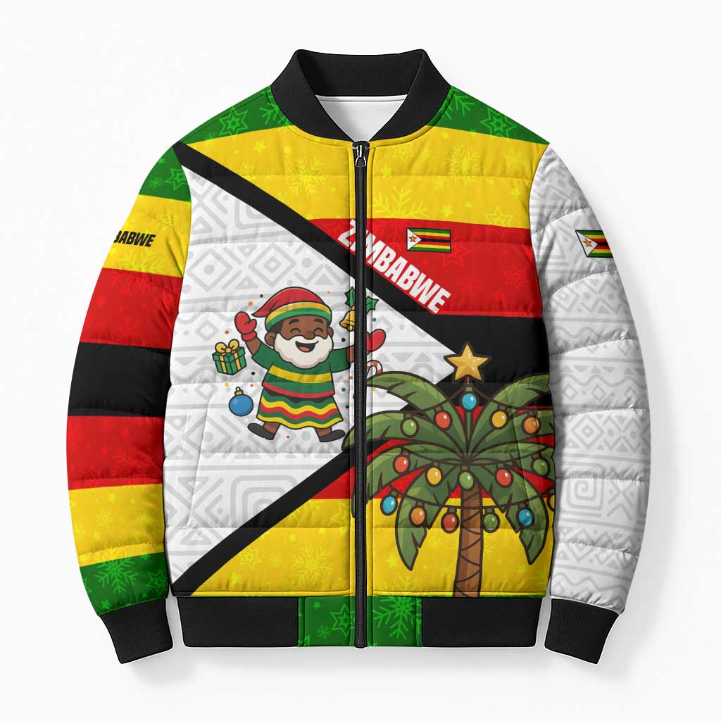 Zimbabwe Christmas Bomber Puffer Jacket with Festive Santa Palm Tree and Red Yellow Green Flag - Wonder Print Shop