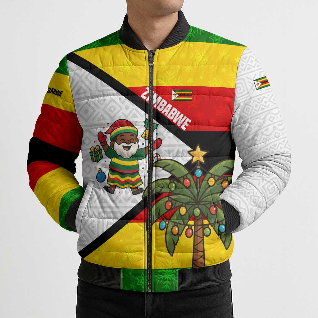 Zimbabwe Christmas Bomber Puffer Jacket with Festive Santa Palm Tree and Red Yellow Green Flag - Wonder Print Shop