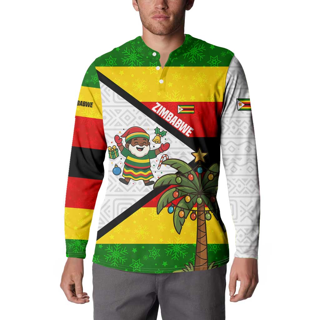 Zimbabwe Christmas Button Sweatshirt with Festive Santa Palm Tree and Red Yellow Green Flag - Wonder Print Shop