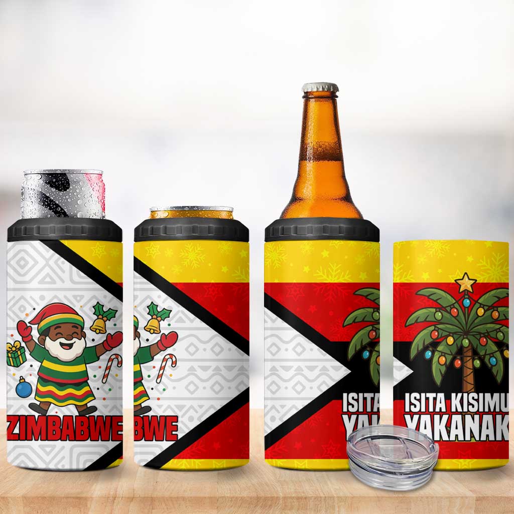 Zimbabwe Christmas 4 in 1 Can Cooler Tumbler with Festive Santa Palm Tree and Red Yellow Green Flag - Wonder Print Shop