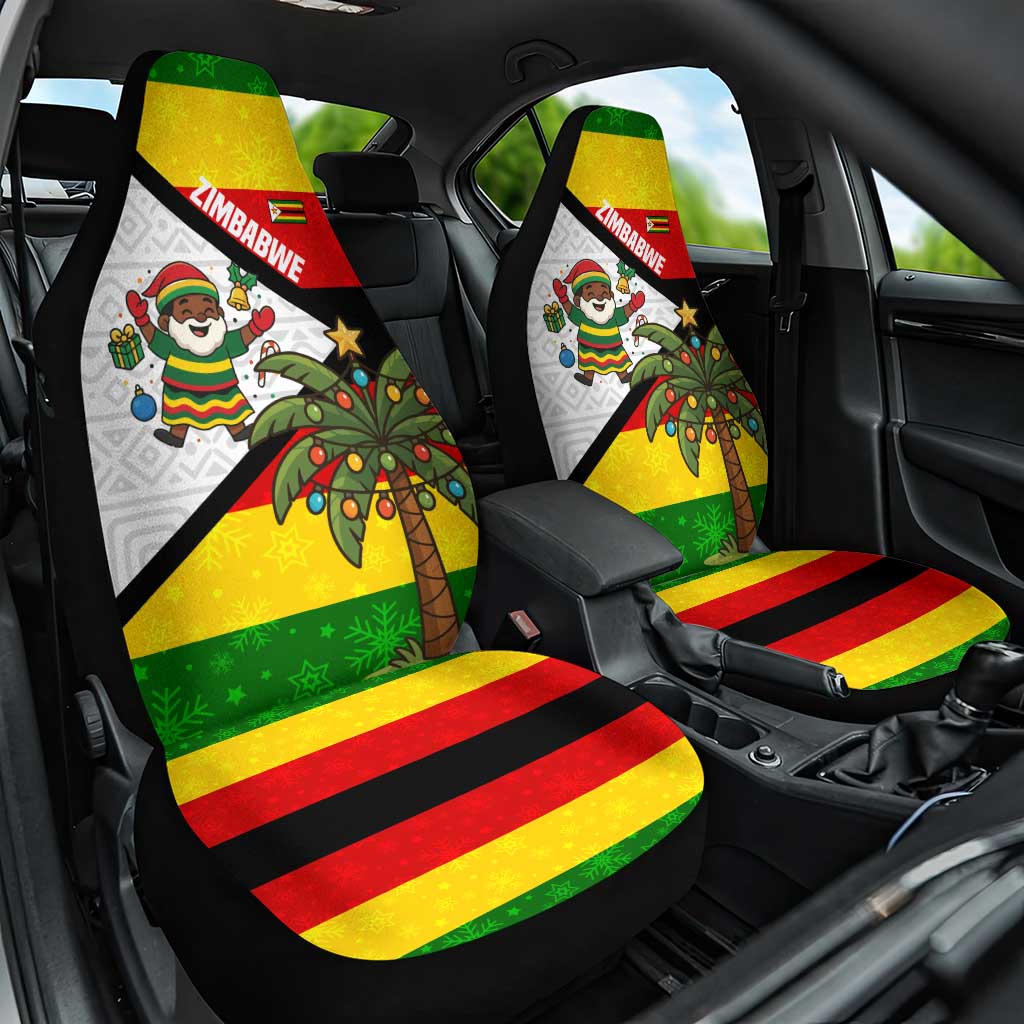 Zimbabwe Christmas Car Seat Cover with Festive Santa Palm Tree and Red Yellow Green Flag - Wonder Print Shop