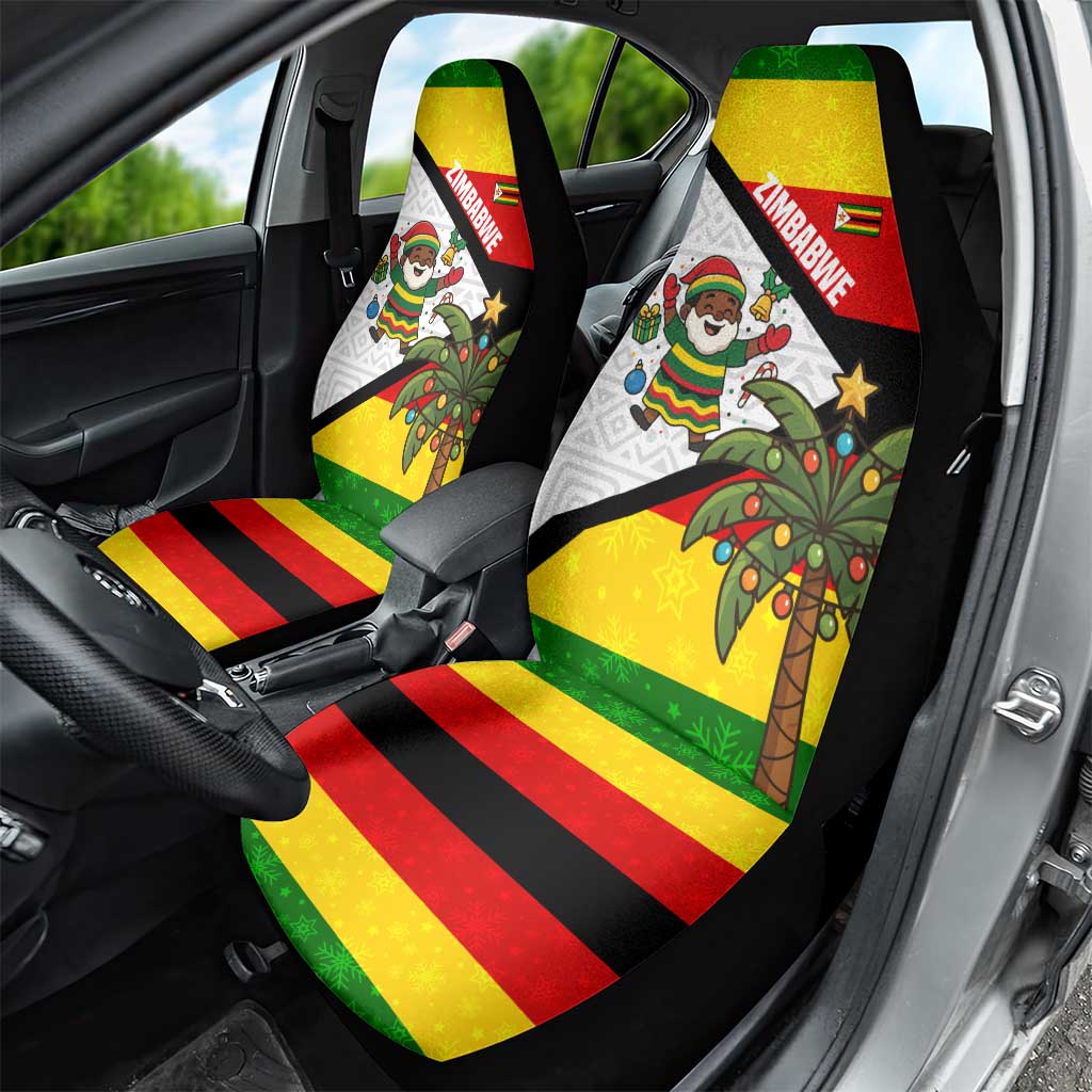 Zimbabwe Christmas Car Seat Cover with Festive Santa Palm Tree and Red Yellow Green Flag - Wonder Print Shop