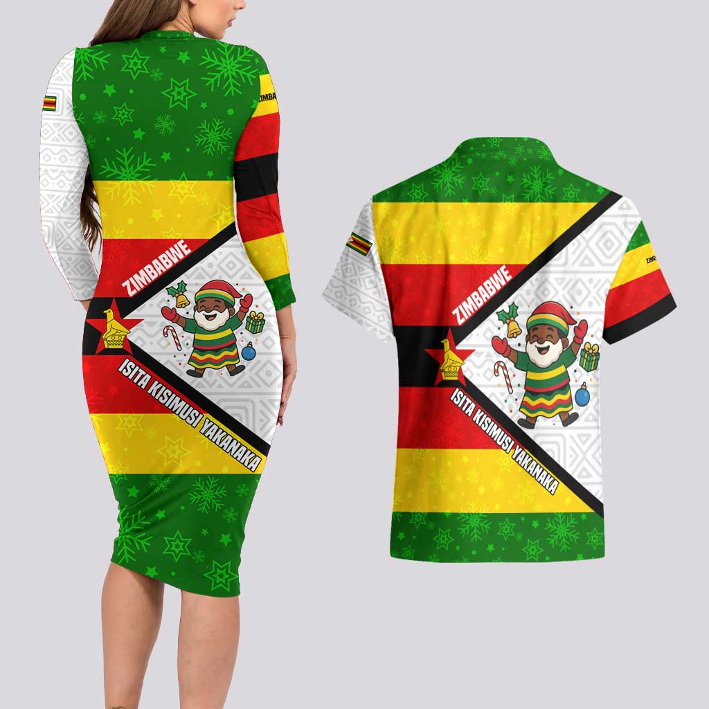 Zimbabwe Christmas Couples Matching Long Sleeve Bodycon Dress and Hawaiian Shirt with Festive Santa Palm Tree and Red Yellow Green Flag - Wonder Print Shop