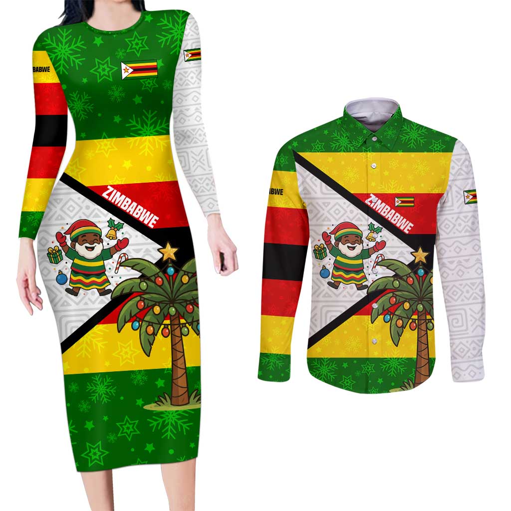 Zimbabwe Christmas Couples Matching Long Sleeve Bodycon Dress and Long Sleeve Button Shirt with Festive Santa Palm Tree and Red Yellow Green Flag - Wonder Print Shop