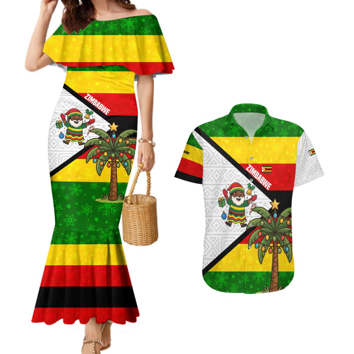 Zimbabwe Christmas Couples Matching Mermaid Dress and Hawaiian Shirt with Festive Santa Palm Tree and Red Yellow Green Flag - Wonder Print Shop