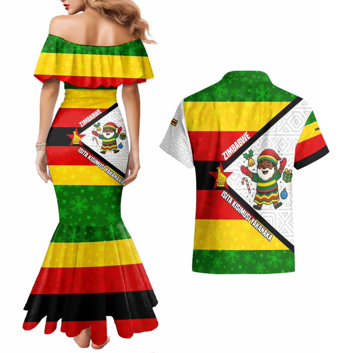 Zimbabwe Christmas Couples Matching Mermaid Dress and Hawaiian Shirt with Festive Santa Palm Tree and Red Yellow Green Flag - Wonder Print Shop