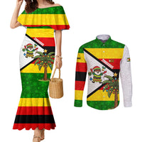 Zimbabwe Christmas Couples Matching Mermaid Dress and Long Sleeve Button Shirt with Festive Santa Palm Tree and Red Yellow Green Flag - Wonder Print Shop