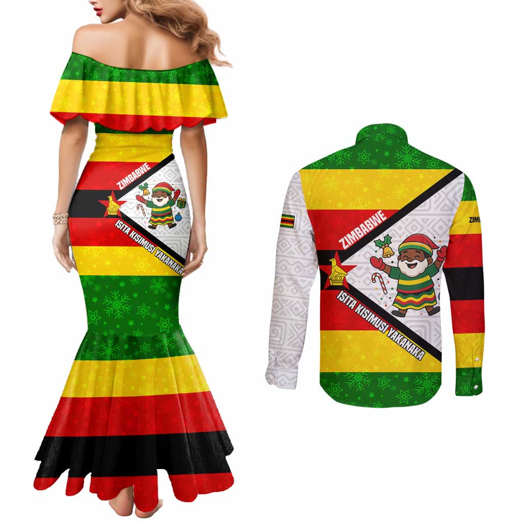 Zimbabwe Christmas Couples Matching Mermaid Dress and Long Sleeve Button Shirt with Festive Santa Palm Tree and Red Yellow Green Flag - Wonder Print Shop