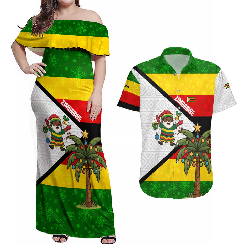 Zimbabwe Christmas Couples Matching Off Shoulder Maxi Dress and Hawaiian Shirt with Festive Santa Palm Tree and Red Yellow Green Flag - Wonder Print Shop