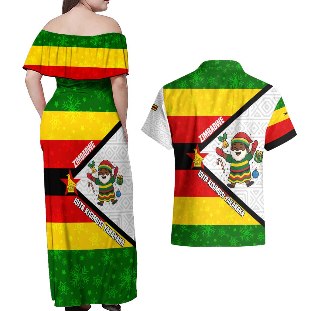 Zimbabwe Christmas Couples Matching Off Shoulder Maxi Dress and Hawaiian Shirt with Festive Santa Palm Tree and Red Yellow Green Flag - Wonder Print Shop