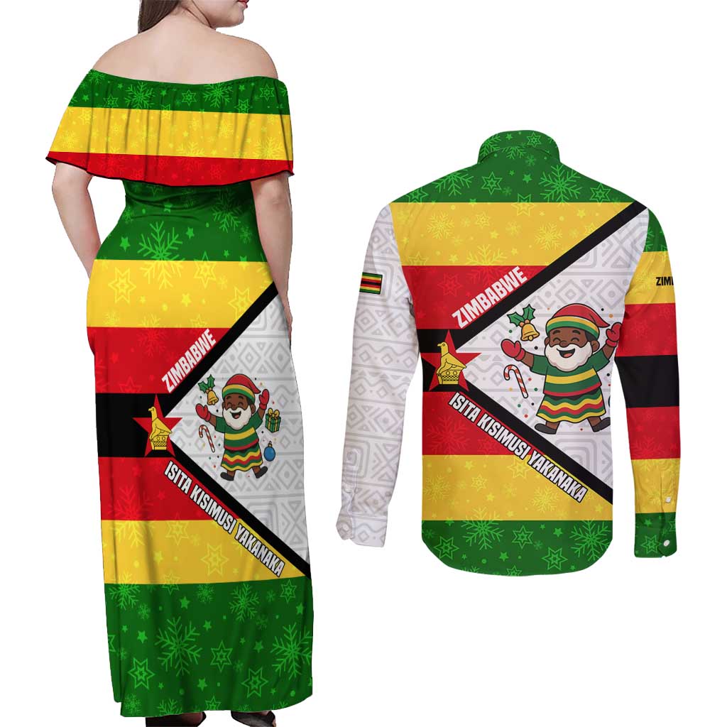 Zimbabwe Christmas Couples Matching Off Shoulder Maxi Dress and Long Sleeve Button Shirt with Festive Santa Palm Tree and Red Yellow Green Flag - Wonder Print Shop