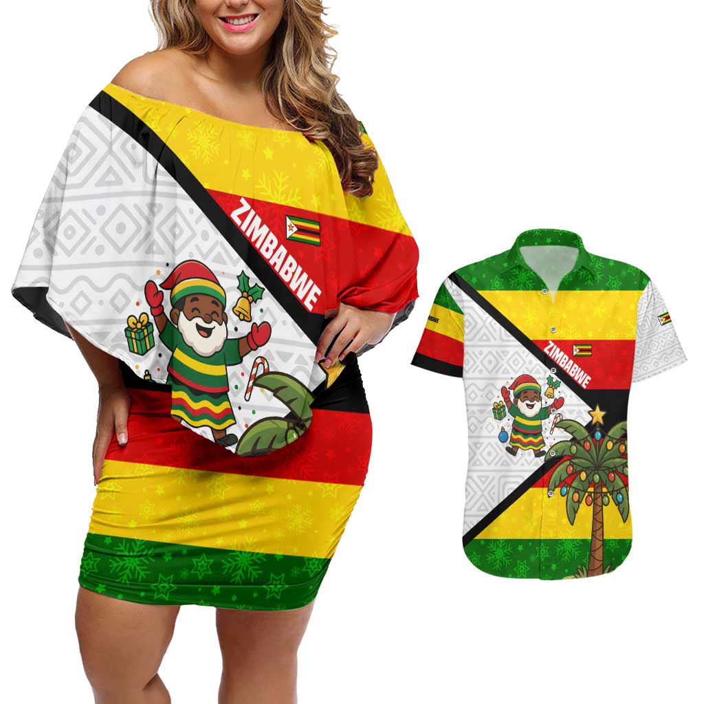 Zimbabwe Christmas Couples Matching Off Shoulder Short Dress and Hawaiian Shirt with Festive Santa Palm Tree and Red Yellow Green Flag - Wonder Print Shop