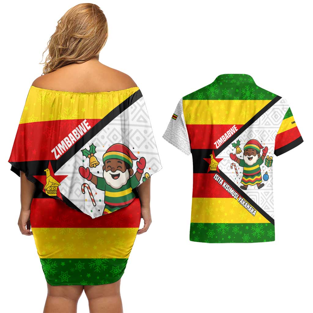 Zimbabwe Christmas Couples Matching Off Shoulder Short Dress and Hawaiian Shirt with Festive Santa Palm Tree and Red Yellow Green Flag - Wonder Print Shop
