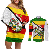 Zimbabwe Christmas Couples Matching Off Shoulder Short Dress and Long Sleeve Button Shirt with Festive Santa Palm Tree and Red Yellow Green Flag - Wonder Print Shop