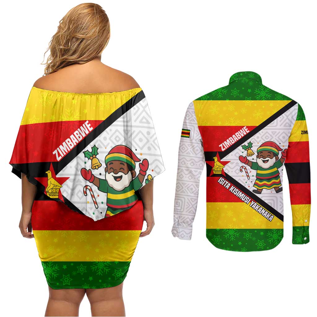 Zimbabwe Christmas Couples Matching Off Shoulder Short Dress and Long Sleeve Button Shirt with Festive Santa Palm Tree and Red Yellow Green Flag - Wonder Print Shop