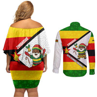 Zimbabwe Christmas Couples Matching Off Shoulder Short Dress and Long Sleeve Button Shirt with Festive Santa Palm Tree and Red Yellow Green Flag - Wonder Print Shop