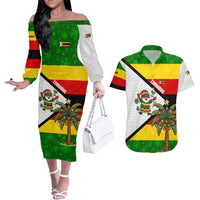 Zimbabwe Christmas Couples Matching Off The Shoulder Long Sleeve Dress and Hawaiian Shirt with Festive Santa Palm Tree and Red Yellow Green Flag - Wonder Print Shop
