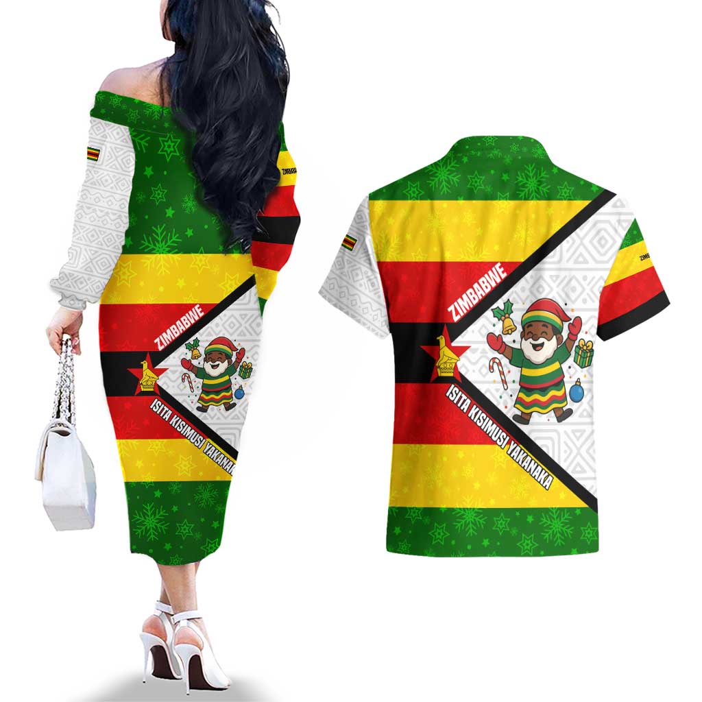 Zimbabwe Christmas Couples Matching Off The Shoulder Long Sleeve Dress and Hawaiian Shirt with Festive Santa Palm Tree and Red Yellow Green Flag - Wonder Print Shop