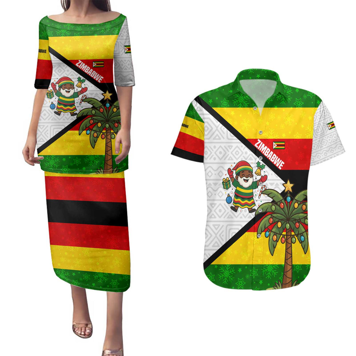 Zimbabwe Christmas Couples Matching Puletasi and Hawaiian Shirt with Festive Santa Palm Tree and Red Yellow Green Flag - Wonder Print Shop