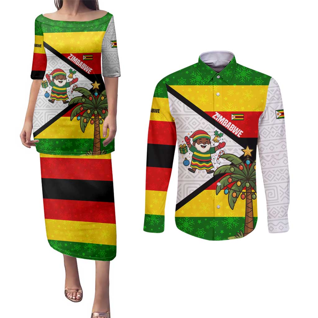 Zimbabwe Christmas Couples Matching Puletasi and Long Sleeve Button Shirt with Festive Santa Palm Tree and Red Yellow Green Flag - Wonder Print Shop