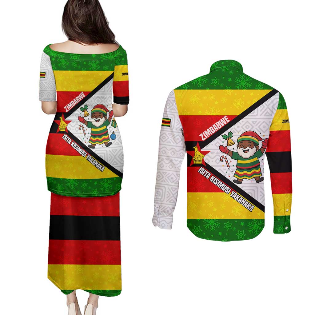 Zimbabwe Christmas Couples Matching Puletasi and Long Sleeve Button Shirt with Festive Santa Palm Tree and Red Yellow Green Flag - Wonder Print Shop