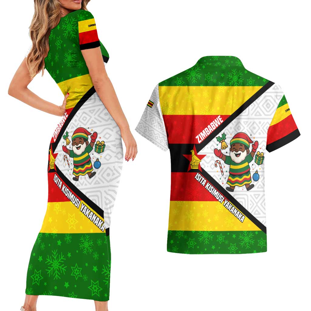 Zimbabwe Christmas Couples Matching Short Sleeve Bodycon Dress and Hawaiian Shirt with Festive Santa Palm Tree and Red Yellow Green Flag - Wonder Print Shop