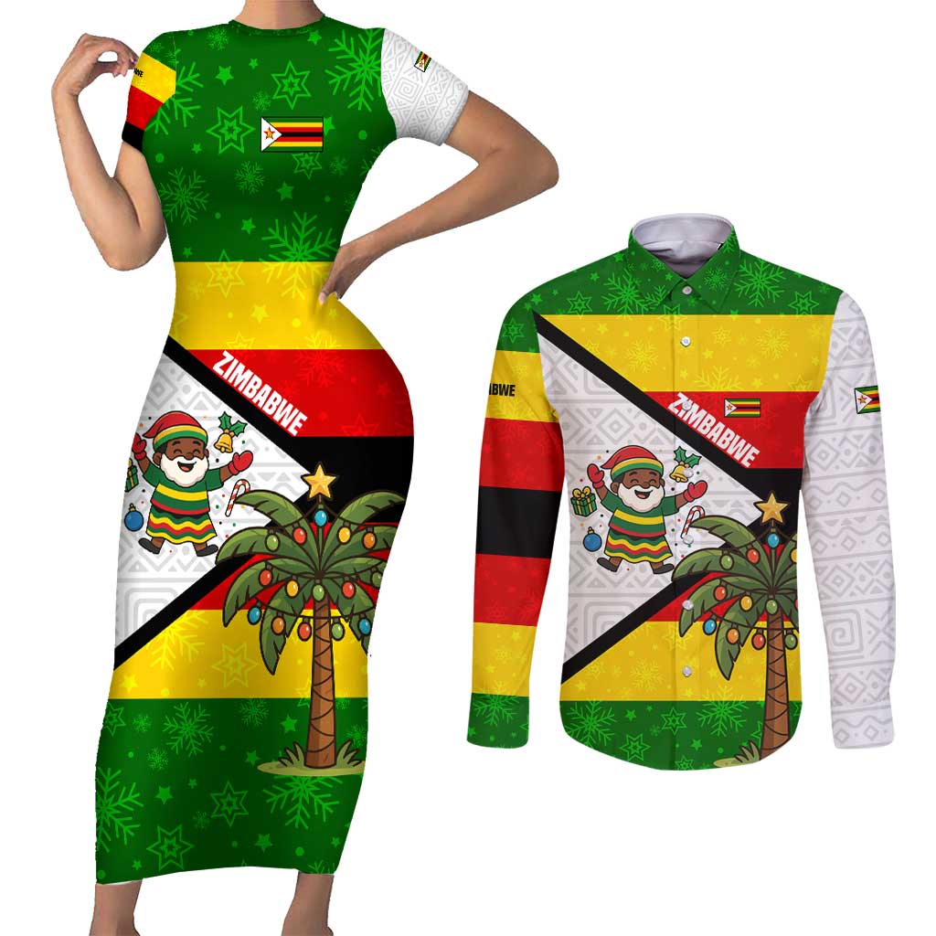 Zimbabwe Christmas Couples Matching Short Sleeve Bodycon Dress and Long Sleeve Button Shirt with Festive Santa Palm Tree and Red Yellow Green Flag - Wonder Print Shop