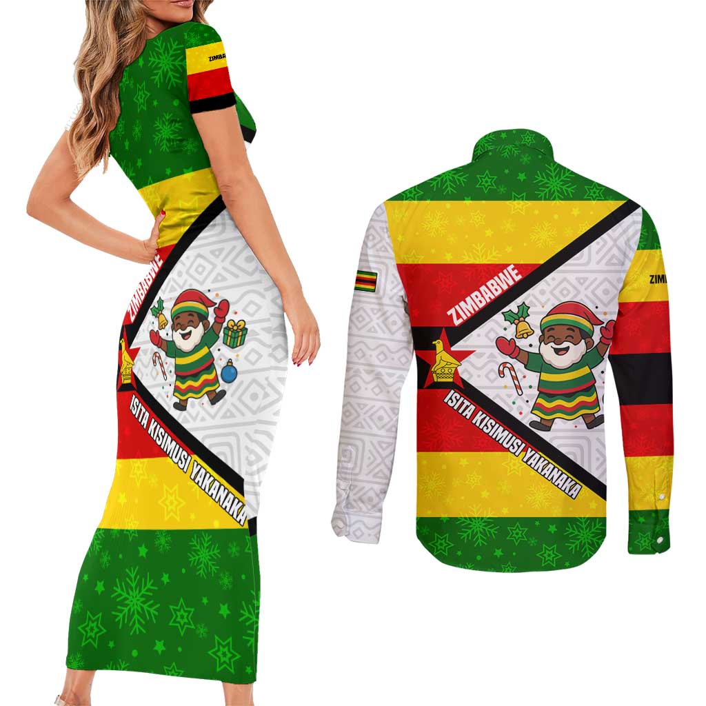 Zimbabwe Christmas Couples Matching Short Sleeve Bodycon Dress and Long Sleeve Button Shirt with Festive Santa Palm Tree and Red Yellow Green Flag - Wonder Print Shop