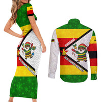 Zimbabwe Christmas Couples Matching Short Sleeve Bodycon Dress and Long Sleeve Button Shirt with Festive Santa Palm Tree and Red Yellow Green Flag - Wonder Print Shop