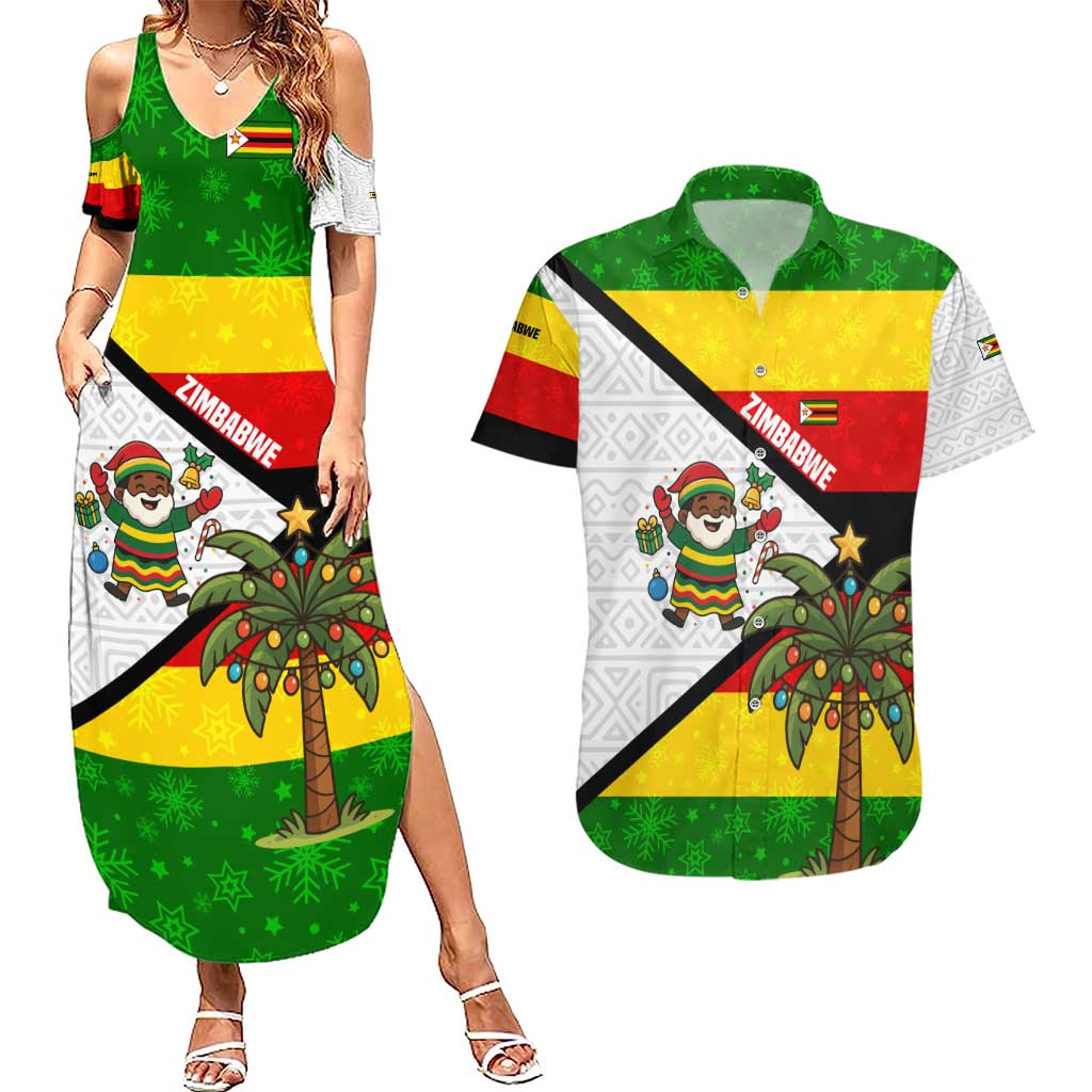 Zimbabwe Christmas Couples Matching Summer Maxi Dress and Hawaiian Shirt with Festive Santa Palm Tree and Red Yellow Green Flag - Wonder Print Shop