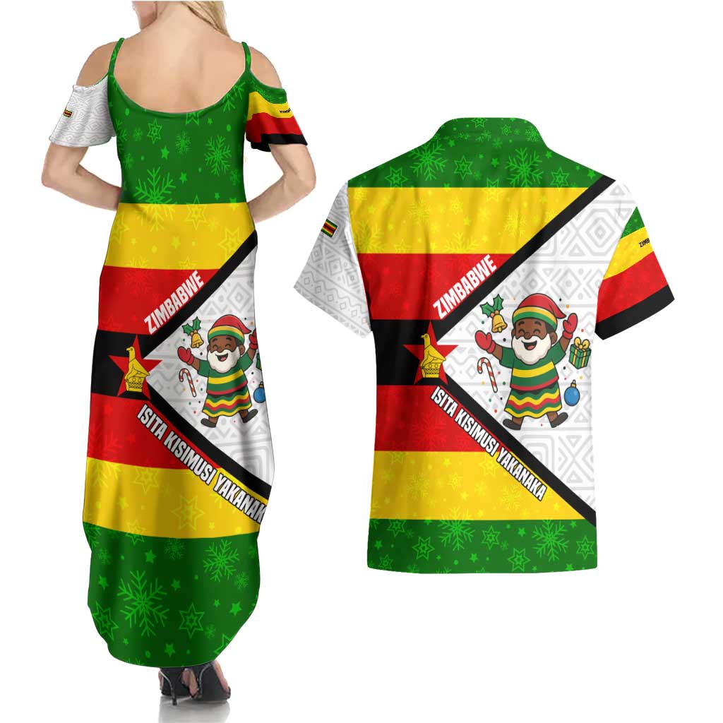 Zimbabwe Christmas Couples Matching Summer Maxi Dress and Hawaiian Shirt with Festive Santa Palm Tree and Red Yellow Green Flag - Wonder Print Shop