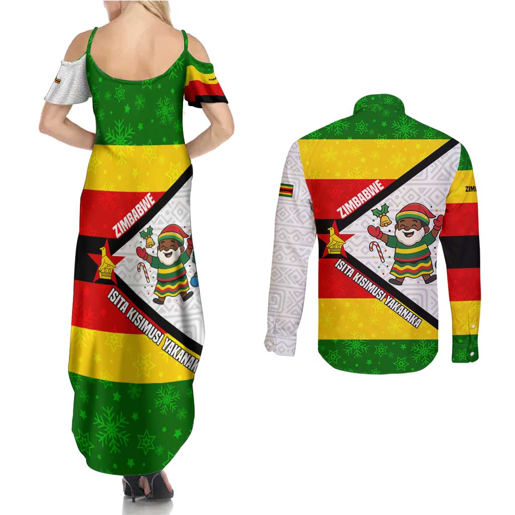 Zimbabwe Christmas Couples Matching Summer Maxi Dress and Long Sleeve Button Shirt with Festive Santa Palm Tree and Red Yellow Green Flag - Wonder Print Shop