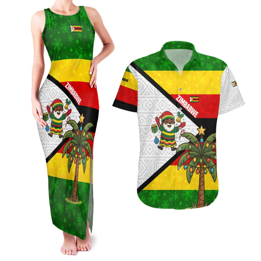 Zimbabwe Christmas Couples Matching Tank Maxi Dress and Hawaiian Shirt with Festive Santa Palm Tree and Red Yellow Green Flag - Wonder Print Shop